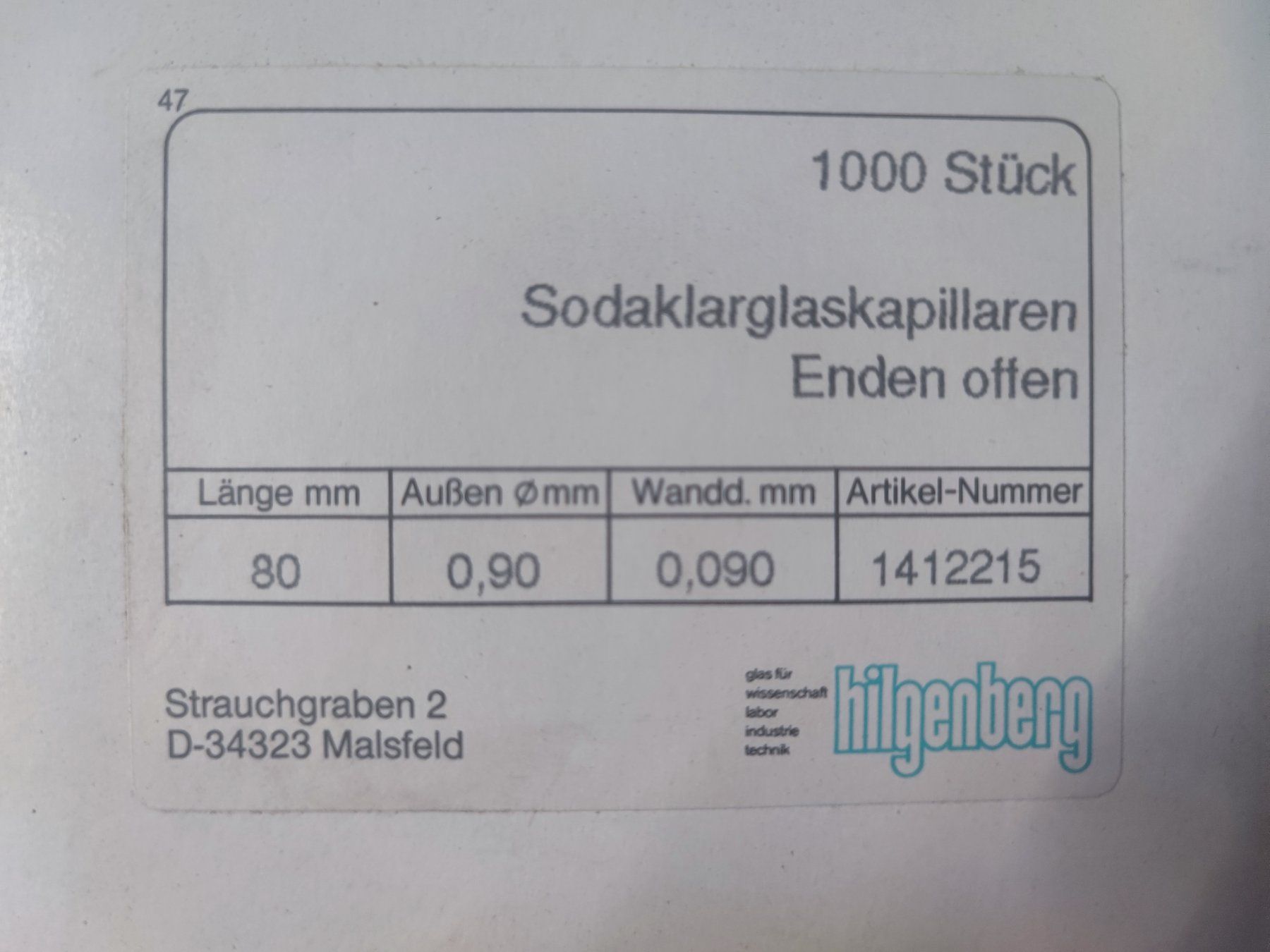 HILGENBERG Glas Kapillaren 80 x 0,90 mm 0,09 mm Labor